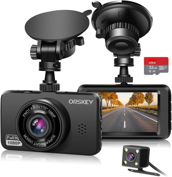 ORSKEY Dash Cam for Cars Front and Rear and SD Card Included